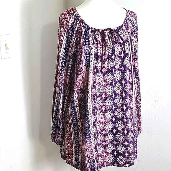 Fred David Purple, Pink, Navy Print Peasant Top with Tie at Neckline, Size 1X - Picture 2 of 9